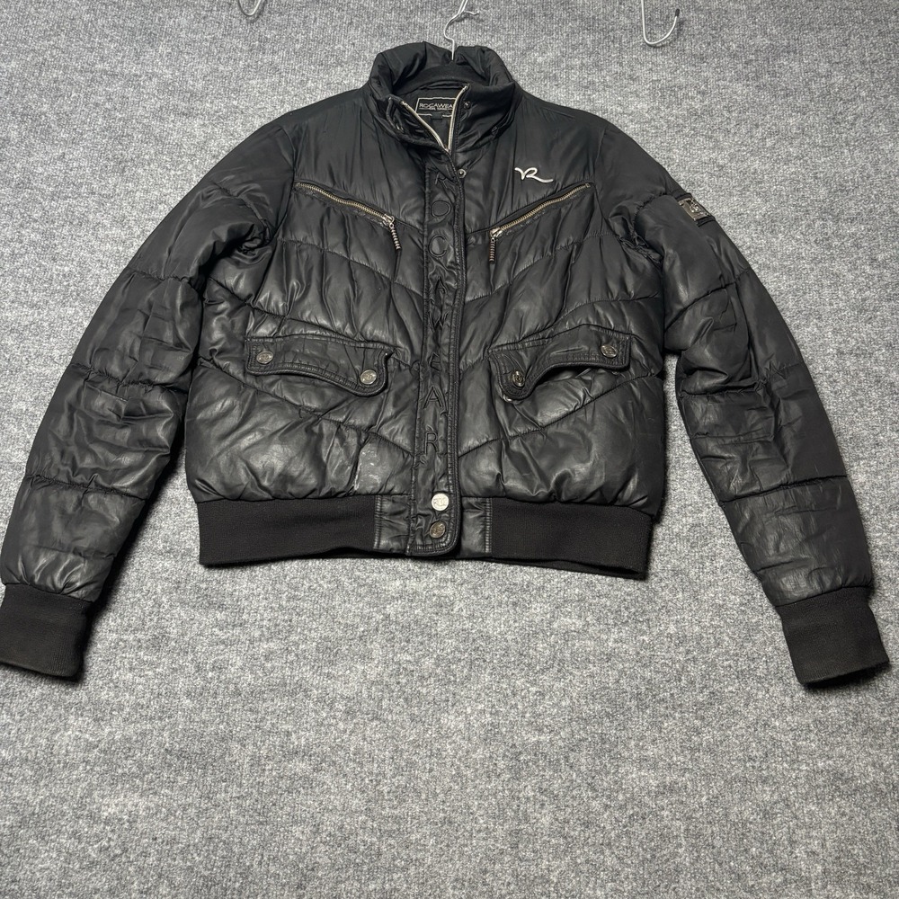 Rocawear Puffer Jacket Women M Black Y2K Streetwear Quilted Bomber Coat